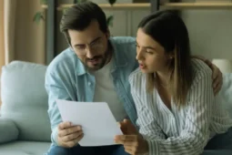 Pareja aprendiendo cómo leer un contrato de préstamo.