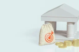 Ilustración 3D de un edificio institucional blanco junto a un saco de dinero y monedas de oro, representando la inversión en Letras del Tesoro.