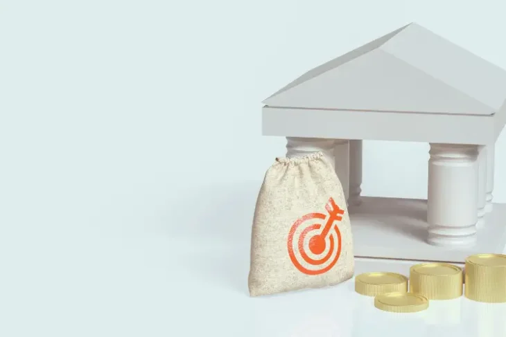 Ilustración 3D de un edificio institucional blanco junto a un saco de dinero y monedas de oro, representando la inversión en Letras del Tesoro.